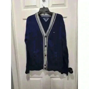 Tommy Hilfiger Men’s Soft Comfy Classic Cardigan Navy Blue Gray Trim Size XLarge